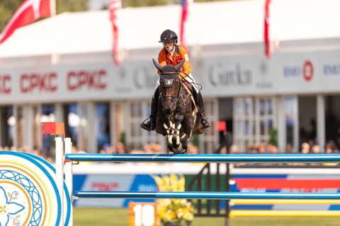 Sanne Thijssen of the Netherlands, riding Cupcake Z, competes in the first round of the 2025 BMO