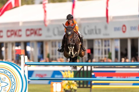 Sanne Thijssen of the Netherlands, riding Cupcake Z, competes in the first round of the 2025 BMO