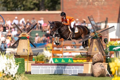 Sanne Thijssen of the Netherlands, riding Cupcake Z, competes in the first round of the 2025 BMO