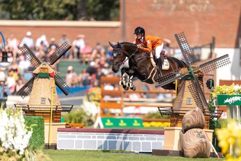 Sanne Thijssen of the Netherlands, riding Cupcake Z, competes in the first round of the 2025 BMO