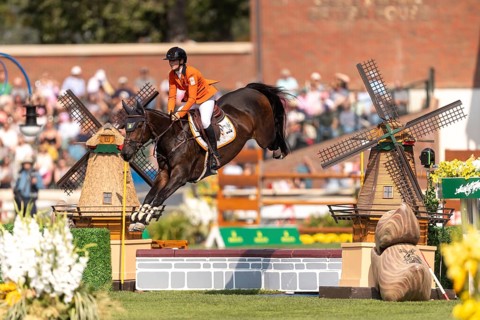 Sanne Thijssen of the Netherlands, riding Cupcake Z, competes in the first round of the 2025 BMO