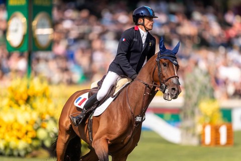 Olivier Robert of France, riding Inglesias D.V., competes in the first round of the 2025 BMO