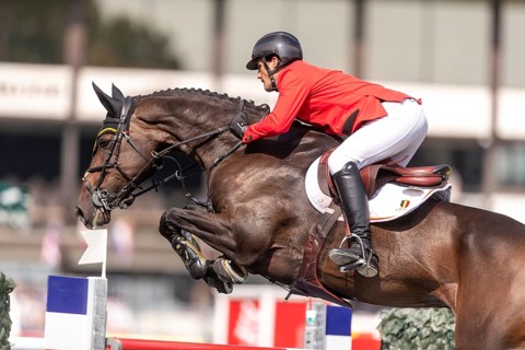 Olivier Philippaerts of Belgium, riding Dixie Moon, competes in the first round of the 2025 BMO
