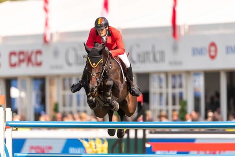 Olivier Philippaerts of Belgium, riding Dixie Moon, competes in the first round of the 2025 BMO