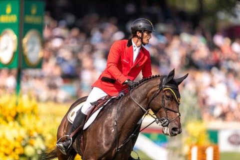 Olivier Philippaerts of Belgium, riding Dixie Moon, competes in the first round of the 2025 BMO