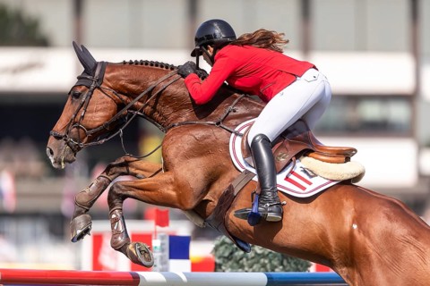 Alessandra Reich of Austria, riding Oeli R, competes in the first round of the 2025 BMO Nations Cup