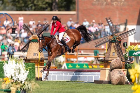 Alessandra Reich of Austria, riding Oeli R, competes in the first round of the 2025 BMO Nations Cup
