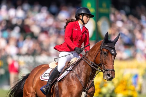 Alessandra Reich of Austria, riding Oeli R, competes in the first round of the 2025 BMO Nations Cup