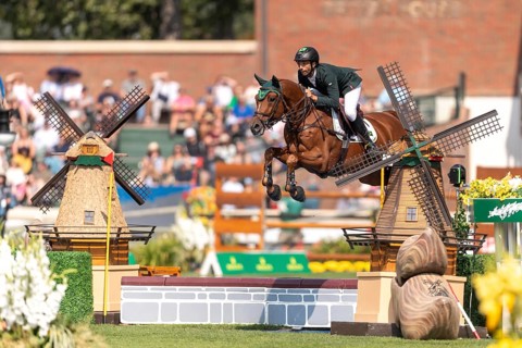 Yuri Mansur of Brazil, riding Cupfer, competes in the first round of the 2025 BMO Nations Cup