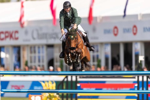 Jordan Coyle of Ireland, riding Chaccolino, competes in the first round of the 2025 BMO Nations Cup