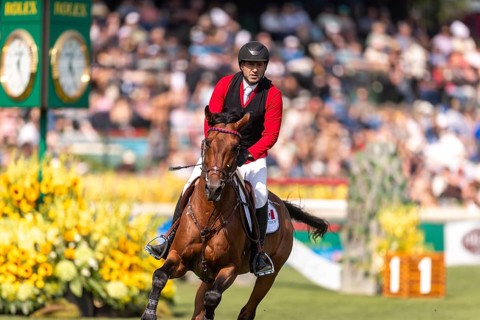 Pedro Pasquel of Mexico, riding Chakkalou PS, competes in the first round of the 2025 BMO Nations