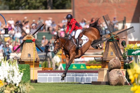 Laura Kraut of the USA, riding Tres Bien Z, competes in the first round of the 2025 BMO Nations Cup