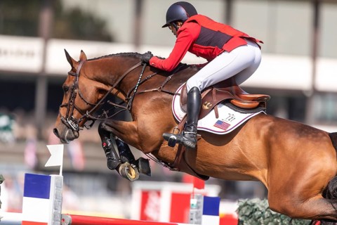 Laura Kraut of the USA, riding Tres Bien Z, competes in the first round of the 2025 BMO Nations Cup