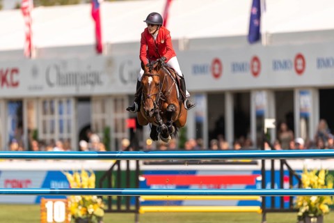 Laura Kraut of the USA, riding Tres Bien Z, competes in the first round of the 2025 BMO Nations Cup