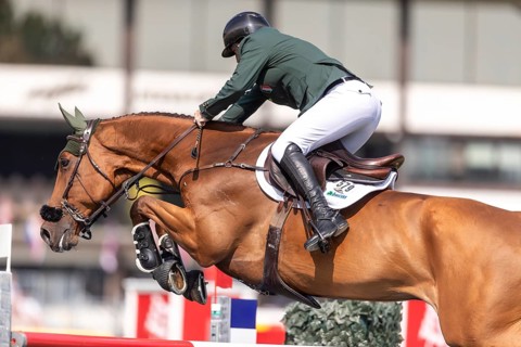 Jordan Coyle of Ireland, riding Chaccolino, competes in the first round of the 2025 BMO Nations Cup