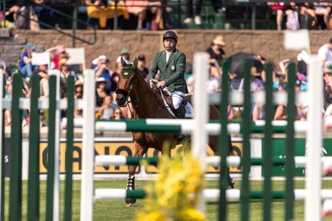 Jordan Coyle of Ireland, riding Chaccolino, competes in the first round of the 2025 BMO Nations Cup
