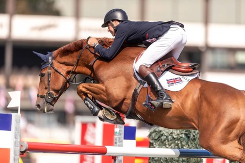 Joseph Stockdale of Great Britain, riding Ebanking, competes in the first round of the 2025 BMO