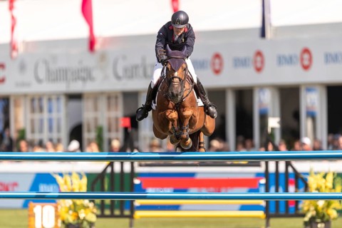 Emeric George of France, riding Dune Du Ru, competes in the first round of the 2025 BMO Nations Cup