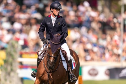Emeric George of France, riding Dune Du Ru, competes in the first round of the 2025 BMO Nations Cup