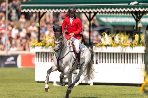 Roy Van Beek of Belgium, riding Cavoiro-H Old, competes in the first round of the 2025 BMO Nations