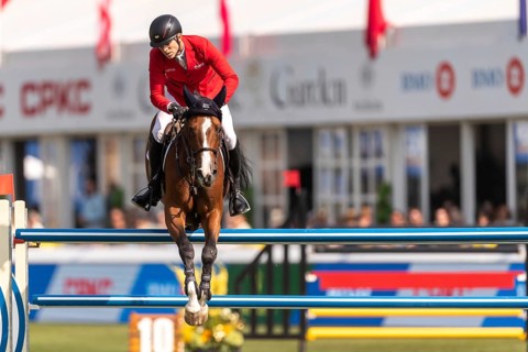 Max Kuhner of Austria, riding Count on Me, competes in the first round of the 2025 BMO Nations Cup