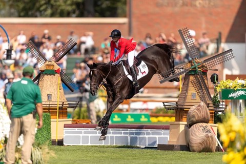 Erynn Ballard of Canada, riding Dior, competes in the first round of the 2025 BMO Nations Cup