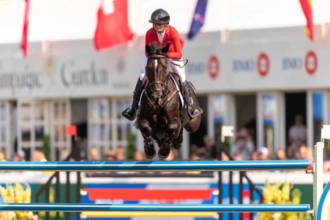 Erynn Ballard of Canada, riding Dior, competes in the first round of the 2025 BMO Nations Cup