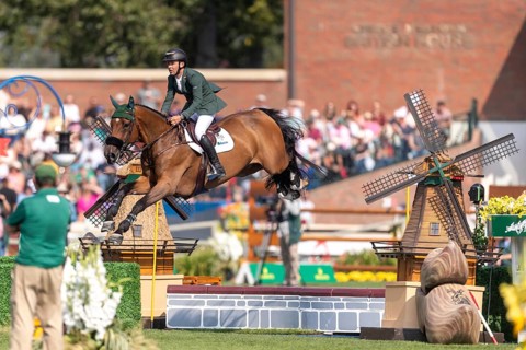 Bertram Allen of Ireland, riding Qonquest De Rigo, competes in the first round of the 2025 BMO