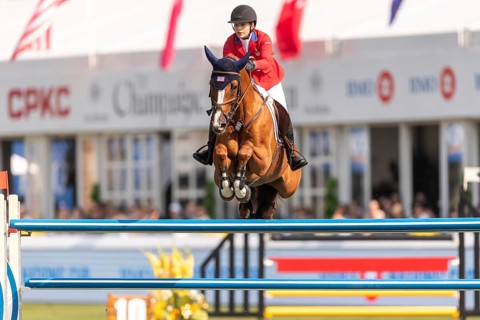 Elena Haas of the USA, riding Claude, competes in the first round of the 2025 BMO Nations Cup