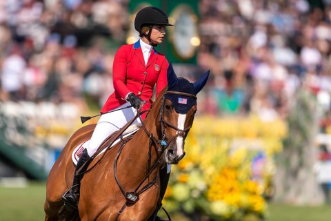 Elena Haas of the USA, riding Claude, competes in the first round of the 2025 BMO Nations Cup