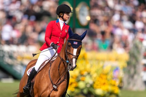 Elena Haas of the USA, riding Claude, competes in the first round of the 2025 BMO Nations Cup