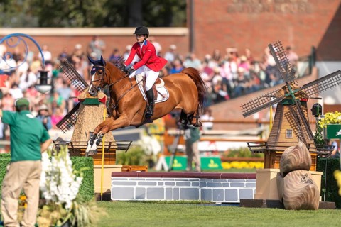 Elena Haas of the USA, riding Claude, competes in the first round of the 2025 BMO Nations Cup