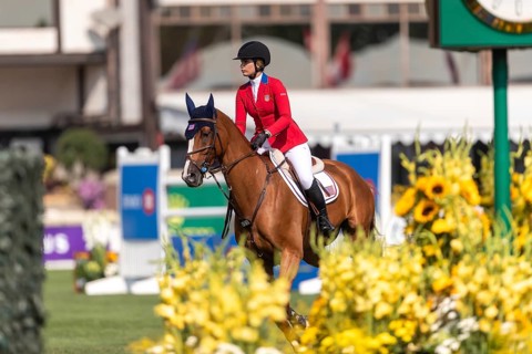 Elena Haas of the USA, riding Claude, competes in the first round of the 2025 BMO Nations Cup