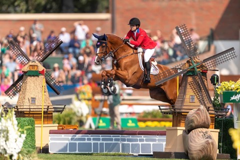 Elena Haas of the USA, riding Claude, competes in the first round of the 2025 BMO Nations Cup