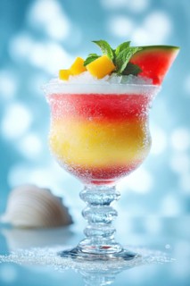 A colorful layered cocktail with mango, watermelon, and mint garnish, presented in a elegant glass,