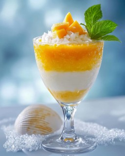 A layered mango dessert in a glass, topped with coconut flakes, fresh mango pieces, and mint