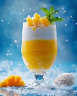 A vibrant mango smoothie is presented in a glass, garnished with fresh mint and mango chunks. A