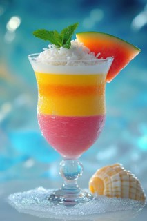 A refreshing layered cocktail with a watermelon slice and mint leaves, perfect for a hot day. The