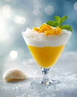 A vibrant dessert features layers of mango puree, coconut cream, and shaved ice, topped with fresh