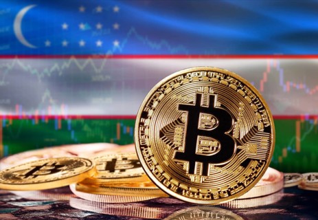 Bitcoin with Uzbekistan flag in the background. Investors in cryptocurrency and Blockchain
