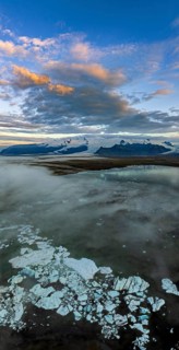 Ice floes, glacier, glacier lake, glacier lagoon, morning light, cloudy mood, panorama, summer,