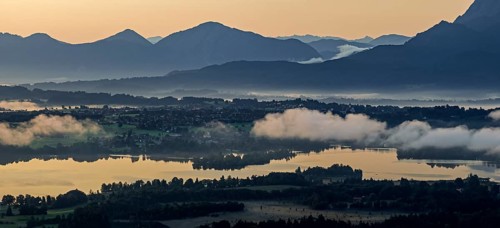 Lake, mountains, morning light, sunrise, fog, summer, panorama, Staffelsee, Murnau, Alpine