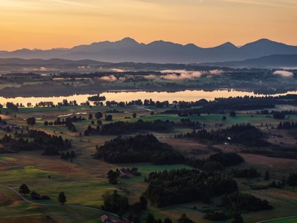 Lake, mountains, morning light, sunrise, fog, summer, Staffelsee, Murnau, Alpine foothills,
