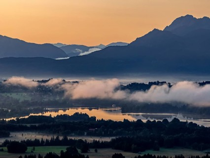 Lake, mountains, morning light, sunrise, fog, summer, Staffelsee, Murnau, Alpine foothills,