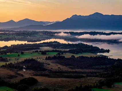 Lake, mountains, morning light, sunrise, fog, summer, Staffelsee, Murnau, Alpine foothills,