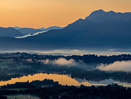 Lake, mountains, morning light, sunrise, fog, summer, Staffelsee, Murnau, Alpine foothills,
