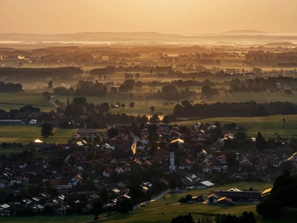 Place, houses, morning light, sunrise, fog, summer, Uffing am Staffelsee, foothills of the Alps,