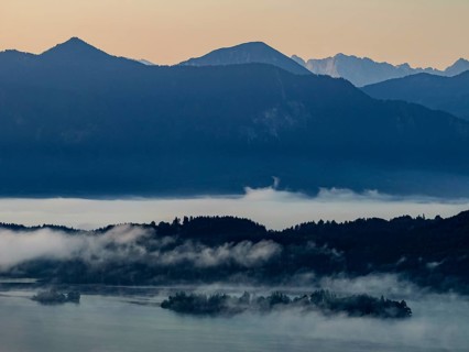 Lake, mountains, morning light, sunrise, fog, summer, Staffelsee, Murnau, Alpine foothills,