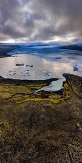Glacier, glacial lake, cloudy mood, panorama, summer, fog, aerial view, Fjallsjökull, Iceland