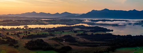 Lake, mountains, morning light, sunrise, fog, summer, panorama, Staffelsee, Murnau, Alpine